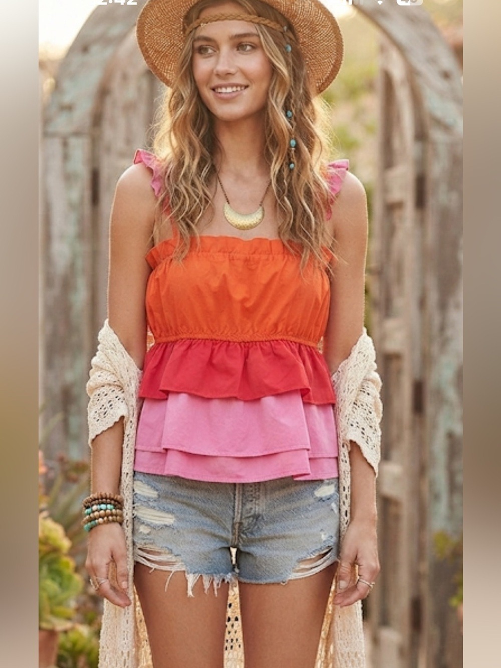TCEC Sleeveless Pleated Top Pink Orange Adjustable Straps Large Boho Summer